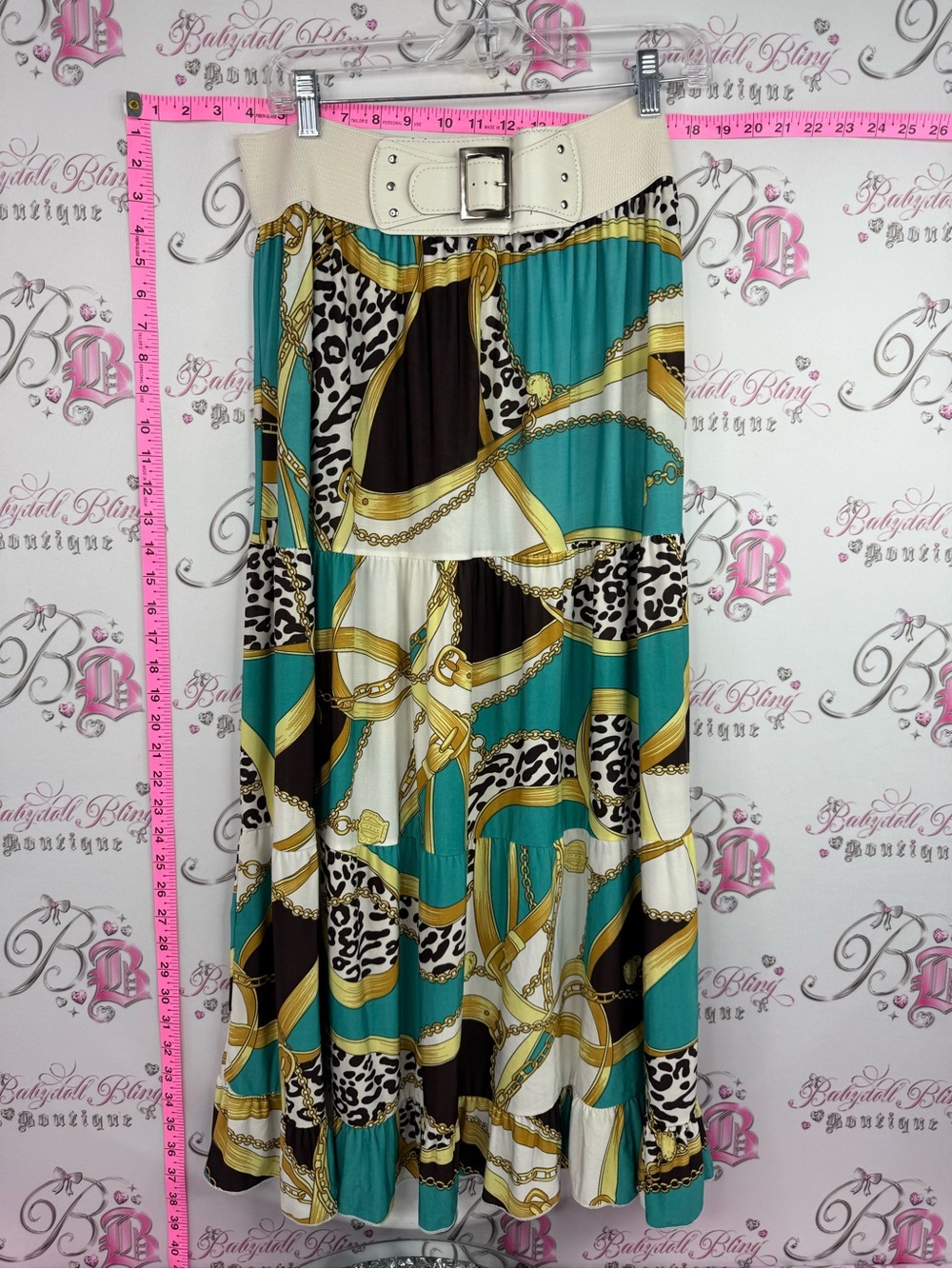 Magic skirt y2k belted rare Teal, White & Brown Chain Print Maxi Skirt
